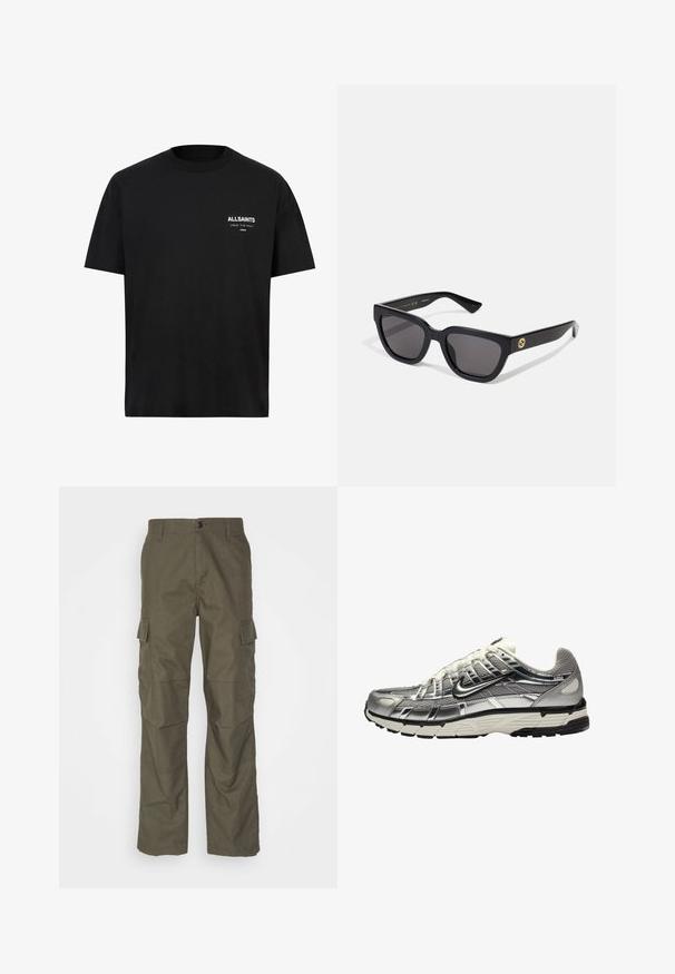 Czarny bawełniany t-shirt z krótkimi rękawami i okrągłym dekoltem. Posiada biały napis "ALLSAINTS" oraz "LONDON" na lewej stronie klatki piersiowej.; Oliwowe spodnie cargo o prostym kroju, wykonane z teksturowanej tkaniny. Posiadają duże boczne kieszenie oraz zapięcie na guzik.; Srebrny i czarny but sportowy z siateczkowej i syntetycznej cholewki, o obszernej konstrukcji i teksturowanym wykończeniu. Posiada wyściełany kołnierz oraz gumową podeszwę.; Czarne prostokątne okulary przeciwsłoneczne z błyszczącym wykończeniem, ciemnymi soczewkami i złotymi akcentami na zauszniku z logo.