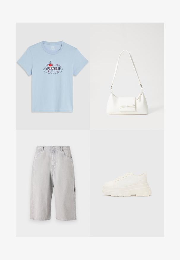Lyseblå Levi's t-skjorte med et grafisk motiv av et rødt kirsebær, små blomster og skyer rundt merkevarenavnet i hvite bokstaver.; Lys grå denimshorts med avslappet passform, som har et fem-lommers design og en side cargo-lomme. Teksturert stoff med subtilt falming.; Hvit kanvas sneakers med chunky såle, avrundet tå og fem hull for snøringer. Bakre tab for enkel påkledning. Glatt tekstur, minimalistisk design.; Hvit syntetisk håndveske med trekantet form, flat klaff foran og sløyfe detaljer, justerbar stropp, glatt tekstur og minimalistisk design.