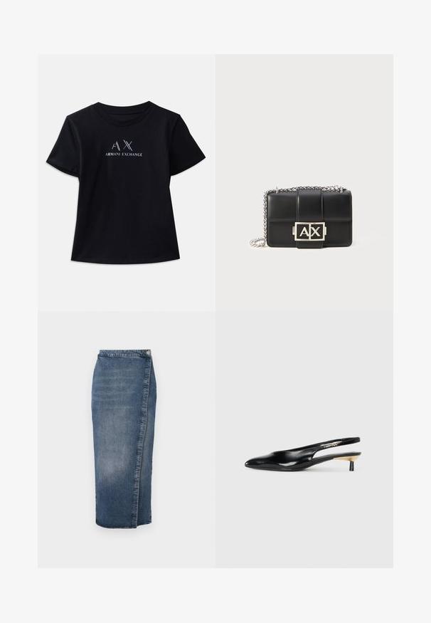 Juoda trumpa rankovėmis marškinėliai su apvaliu iškirpimu. Yra "AX" logotipas ir "ARMANI EXCHANGE" tekstas kontrastingomis baltomis ir metalinėmis akcentais. Minkšta medžiaga.; Tamsiai mėlynas džinsinis midi sijonas su tiesia siluetu, nuvalyta tekstūra ir šoniniu mygtukų uždarymu. Pasižymi žaliais kraštais ir minimaliais siūlų siuvimais.; Juodos slingback aukštakulniai su pailgu pirštu, blizgi odinė apdaila ir mažas kulnas su auksiniu akcentu. Išmanus dizainas su atviru nugara.; Juodas odinis rankinukas su siuvinėtu raštu, sidabriniu grandinės dirželiu ir ryškiu sidabriniu "AX" logotipu priekyje. Kompaktiška stačiakampio formos.