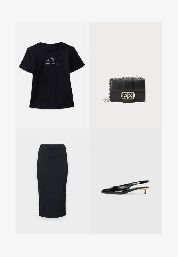 Musta lyhythihainen t-paita, jossa on pyöreä kaula-aukko. Sisältää "AX"-logon ja "ARMANI EXCHANGE" -tekstin kontrastivalkoisilla ja metallinhohtoisilla yksityiskohdilla. Pehmeä kangas.; Armani Exchange GONNA - Kynähame - black; Mustikka slingback-kengät, joissa on terävä kärki, kiiltävä nahkapinta ja pieni korko, jossa on kultainen yksityiskohta. Tyylikäs muotoilu avoimella takana.; Mustat nahkasalkut, joissa on tikattu malli, hopeaketjusovite ja näkyvä hopeinen "AX"-logo edessä. Kompakti suorakulmainen muoto.