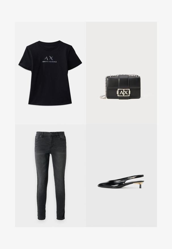 Μαύρη κοντομάνικη μπλούζα με λαιμόκοψη. Διαθέτει το λογότυπο "AX" και το κείμενο "ARMANI EXCHANGE" σε αντίθεση λευκών και μεταλλικών χρωμάτων. Μαλακό ύφασμα.; Στενά μαύρα τζιν παντελόνια με ξεθωριασμένη υφή, πέντε τσέπες και διακοσμητική ραφή κατά μήκος των πλευρικών ραφών.; Μαύρο γόβα slingback με μυτερή μύτη, γυαλιστερή δερμάτινη επιφάνεια και μικρό τακούνι με χρυσή λεπτομέρεια. Κομψός σχεδιασμός με ανοιχτή πλάτη.; Μαύρη δερμάτινη τσάντα χειρός με ψηφιδωτό σχέδιο, ασημί αλυσίδα και εντυπωσιακό ασημί λογότυπο "AX" στο μπροστινό μέρος. Συμπαγές ορθογώνιο σχήμα.