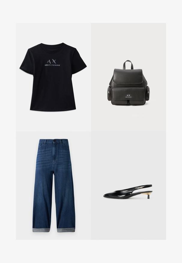 Juoda trumpa rankovėmis marškinėliai su apvaliu iškirpimu. Yra "AX" logotipas ir "ARMANI EXCHANGE" tekstas kontrastingomis baltomis ir metalinėmis akcentais. Minkšta medžiaga.; Tamsiai mėlynos plačios kojų džinsai su užlenktais apačiais, priekinis mygtukas ir kišenės ant šviesaus, vientiso fono.; Juodos slingback aukštakulniai su pailgu pirštu, blizgi odinė apdaila ir mažas kulnas su auksiniu akcentu. Išmanus dizainas su atviru nugara.; Juodas odinis kuprinė su uždengimu, priekinė kišenė, šoninės užtrauktukų kišenės ir viršutinė rankena. Priekyje yra logotipo detalizavimas.
