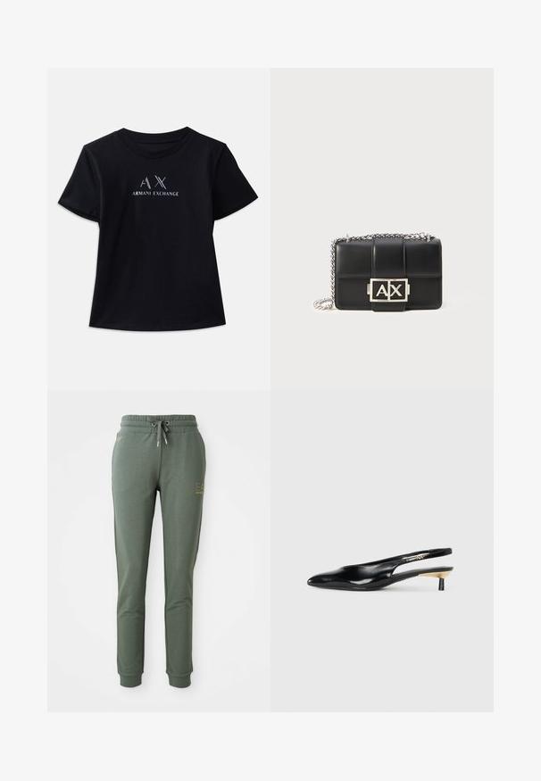 Schwarzes T-Shirt mit kurzen Ärmeln und Rundhalsausschnitt. Mit "AX"-Logo und "ARMANI EXCHANGE"-Text in kontrastierendem Weiß und metallischen Akzenten. Weicher Stoff.; Grüne Jogginghose aus weichem Stoff, mit einem elastischen Taillenbund und Kordelzug sowie Bündchen an den Knöcheln. Goldenes Logo-Detail an der Seite.; Schwarze Slingback-Pumps mit spitzem Zehenbereich, glänzendem Lederfinish und kleinem Absatz mit goldenen Akzenten. Elegantes Design mit offenem Rücken.; Schwarze Lederhandtasche mit gestepptem Design, silberner Kettenriemen und einem auffälligen silbernen "AX"-Logo auf der Vorderseite. Kompakte rechteckige Form.