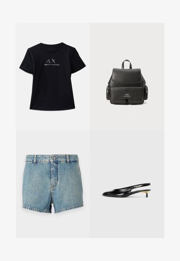 Black short-sleeve t-shirt with crew neck. Features "AX" logo and "ARMANI EXCHANGE" text in contrasting white and metallic accents. Soft fabric.; Denim shorts in light blue with a faded texture, straight cut, and hemmed edges. Features a front button and classic 5-pocket design.; Black slingback pump with a pointed toe, glossy leather finish, and a small heel with a gold accent. Sleek design with a open back.; Black leather backpack with a flap closure, front pocket, side zipper compartments, and a top handle. Features logo detailing at the front.