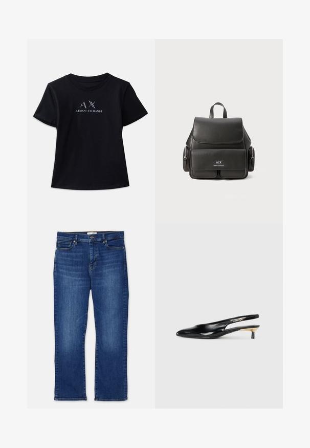 Svart kortermet t-skjorte med rund hals. Har "AX" logo og "ARMANI EXCHANGE" tekst i kontrastfarger i hvitt og metalliske aksenter. Myk stoff.; Blå denim jeans med rett snitt, med fem lommer, knappelukking og subtil bleking på beina. Overlock-sømmer og falden.; Sorte slingback pumps med spiss tå, glanset skinnfinish og en liten hæl med gullakcent. Elegant design med åpen bak.; Svart skinnryggsekk med klafflukkning, frontlomme, sidelommer med glidelås og et håndtak på toppen. Har logo-detaljer på forsiden.