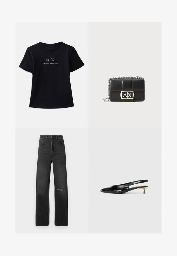 Czarna koszulka z krótkim rękawem i okrągłym dekoltem. Posiada logo "AX" oraz napis "ARMANI EXCHANGE" w kontrastujących białych i metalicznych akcentach. Miękki materiał.; Czarne dżinsy o luźnym kroju, z wysokim stanem, pięcioma kieszeniami i przeszyciami z przodu. Na nodze biała nadrukowana nazwa "STIEGLITZ".; Czarne czółenka na obcasie typu slingback z ostrym noskiem, błyszczące, skórzane wykończenie oraz mały obcas z złotym akcentem. Smukły design z otwartym tyłem.; Czarna skórzana torebka z pikowanym wzorem, srebrnym łańcuszkiem i wyraźnym srebrnym logo "AX" z przodu. Kompaktowy prostokątny kształt.