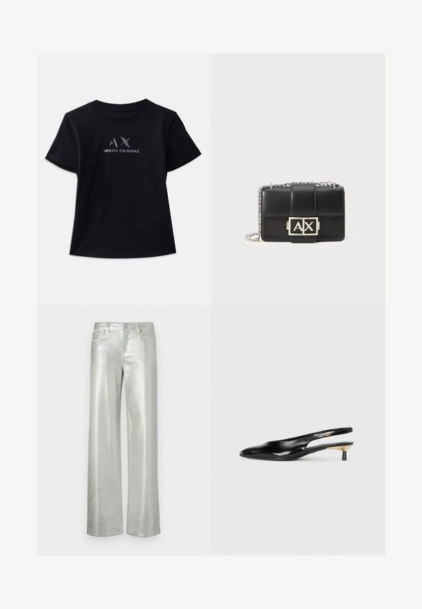 Svart kortermet t-skjorte med rund hals. Har "AX" logo og "ARMANI EXCHANGE" tekst i kontrastfarger i hvitt og metalliske aksenter. Myk stoff.; Sølv vide bukser laget av metallisk stoff. Har to frontlommer og glidelås. Jevn tekstur og skinnende finish.; Sorte slingback pumps med spiss tå, glanset skinnfinish og en liten hæl med gullakcent. Elegant design med åpen bak.; Svart lærveske med quiltet design, sølvkjedehank og et fremtredende sølv "AX"-logo foran. Kompakt rektangulær form.