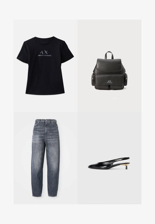Crna majica kratkih rukava s okruglim izrezom. Sadrži "AX" logo i tekst "ARMANI EXCHANGE" u kontrastnoj bijeloj boji s metalnim naglascima. Mekana tkanina.; Tamno plave traperice, s ležernim krojem i ravnim nogavicama, s blagim izblijedjelim efektom. Standardni stil s pet džepova i kopčanjem na dugme.; Crna slingback štikla s oštrim vrhom, sjajnom kožnom završnom obradom i malom petom s zlatnim naglaskom. Elegantan dizajn s otvorenom stražnjom stranom.; Crna kožna ruksak s preklopom, prednjim džepom, bočnim odjeljcima s patentnim zatvaračem i gornjom ručkom. Ima detalje s logotipom sprijeda.