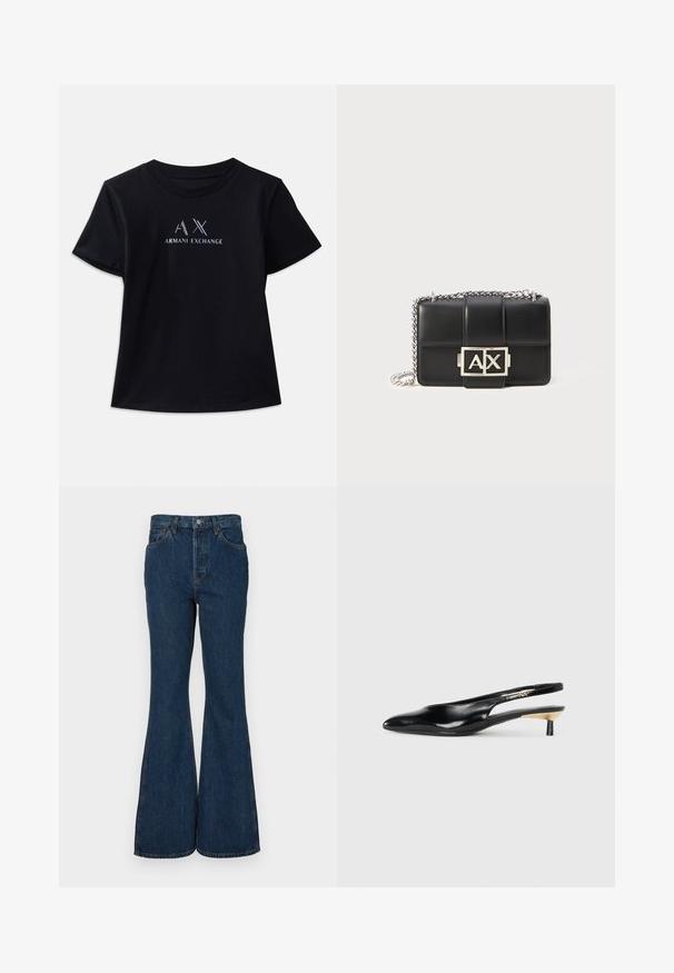 Black short-sleeve t-shirt with crew neck. Features "AX" logo and "ARMANI EXCHANGE" text in contrasting white and metallic accents. Soft fabric.; Dark blue flared jeans made of denim. Features high waist, five pockets, and contrast stitching. Smooth texture and clean finish.; Black slingback pump with a pointed toe, glossy leather finish, and a small heel with a gold accent. Sleek design with a open back.; Black leather handbag with quilted design, silver chain strap, and a prominent silver "AX" logo on the front. Compact rectangular shape.