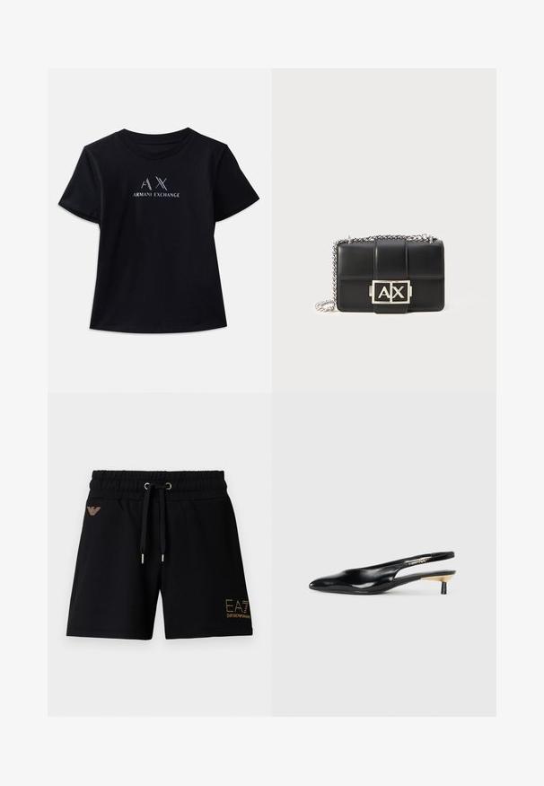 Mustade lühikeste varrukatega T-särk ümmarguse kaelusega. Omab kontrastset valget ja metallik aktsendiga "AX" logo ning "ARMANI EXCHANGE" teksti. Pehme kangas.; Mustad puuvillased püksid, millel on elastne vöökoht ja nöör. Esiküljel on kuldne logotekst ja kaunistused. Kaks küljetaskut.; Mustad seljatoega mustad kontsakingad, millel on terav nina, läikiv nahkviimistlus ja väike kand kuldse detailiga. Sujuv disain avatud seljaprofiiliga.; Must mustra rahakott, millel on tikandiga disain, hõbedane kett ja esipaneelil silmatorkav hõbedane "AX" logo. Kompaktne ristkülikukujuline vorm.