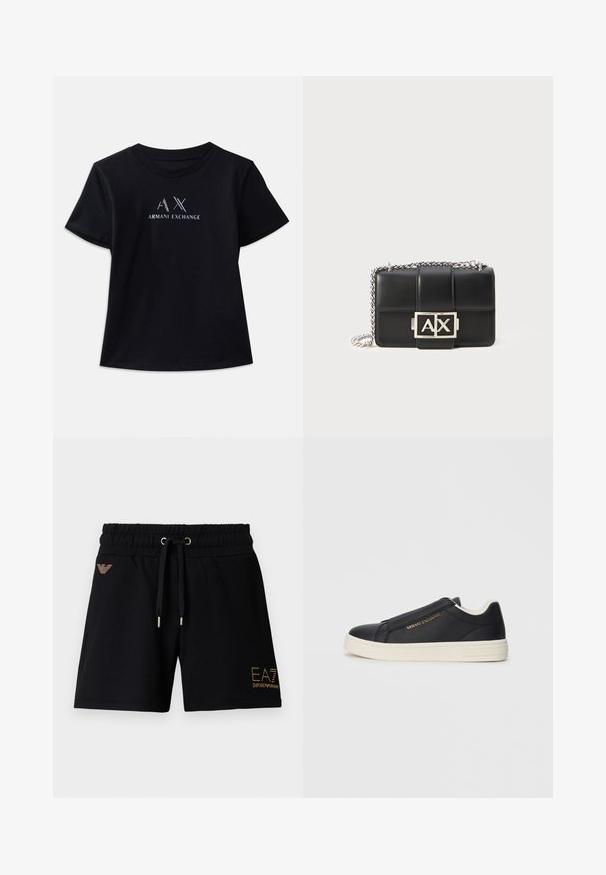 Black short-sleeve t-shirt with crew neck. Features "AX" logo and "ARMANI EXCHANGE" text in contrasting white and metallic accents. Soft fabric.; Black cotton shorts with an elastic waistband and drawstring. Features gold logo text and embellishments on the front. Two side pockets.; Black leather slip-on sneaker with white sole, gold "Armani Exchange" logo on side, and minimalist stitching detail.; Black leather handbag with quilted design, silver chain strap, and a prominent silver "AX" logo on the front. Compact rectangular shape.