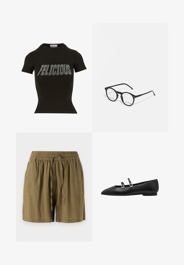Camiseta de manga corta negra hecha de algodón, con un diseño ajustado y texto de strass plateado que dice "FELICIOUS" en la parte delantera.; Pantalones cortos tipo pull-on en verde oliva, hechos de una tela ligera, con cinturilla elástica y cordón, y un ajuste relajado y holgado.; Zapato plano de piel negra con punta afilada, que presenta dos correas negras y hebillas cuadradas doradas. Textura suave y suela de perfil bajo.; Gafas de sol redondas y negras con lentes transparentes, brazos delgados en negro y pequeños acentos metálicos en la parte frontal. Diseño clásico con estilo minimalista.
