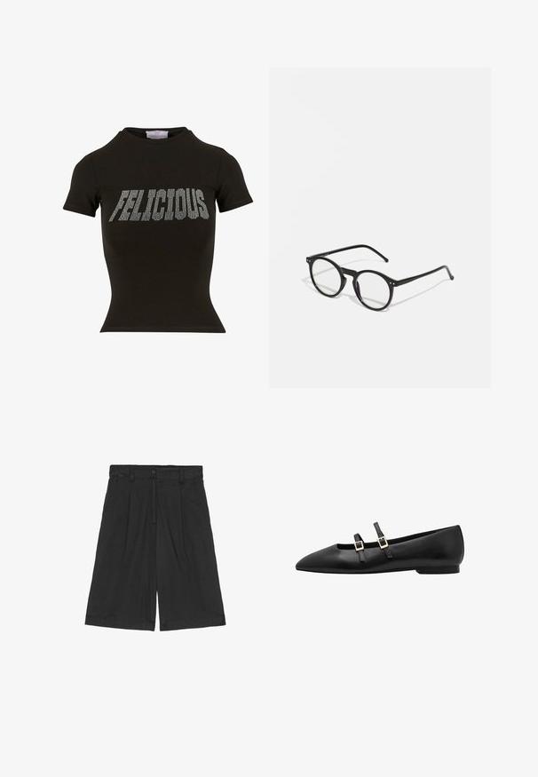 Svart kortärmad t-shirt i bomull med en figurnära design och silverfärgade rhinestone-texter som stavar "FELICIOUS" över framsidan.; Svarta linneshorts med avslappnad passform, med en slät front, två sidofickor och en knappstängning i midjan.; Svart läder platt sko med spetsig tå, med två svarta remmar och gyllene fyrkantiga spännen. Slät textur och lågprofilsoffel.; Runda svarta solglasögon med klara linser, tunna svarta bågar och små metallakcenter på framsidan. Klassisk design med minimalistisk stil.