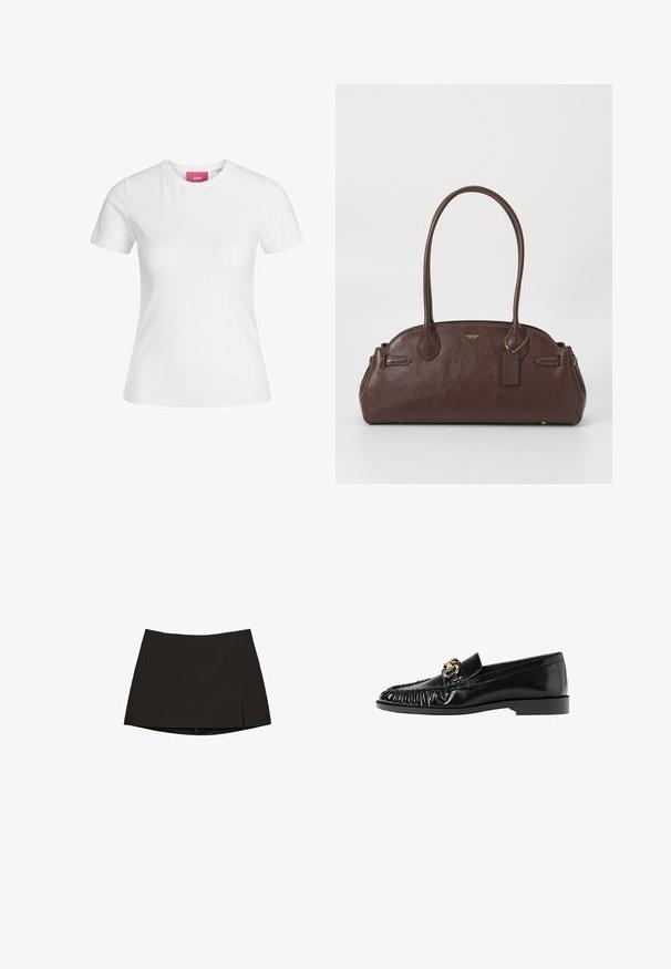 Biała bawełniana koszulka z krótkimi rękawami i okrągłym dekoltem. Posiada różową metkę na wewnętrznej stronie dekoltu. Gładka tekstura.; Jasnoróżowa koszula z długim rękawem, zapinana na guziki, z pionowymi czarnymi paskami, klasycznym kołnierzykiem i mankietami. Miękka tkanina o gładkiej fakturze.; Czarna mini spódnica o prostym kroju i delikatnym rozcięciu po boku. Wykonana z gładkiego materiału, z czystym wykończeniem i minimalistycznym designem.; Czarne skórzane loafersy z zaokrąglonym noskiem, zgromadzoną fakturą i złotymi akcentami. Płaska pięta i gładkie wykończenie w całej powierzchni.; Brązowa skórzana torebka o gładkiej teksturze, o zaokrąglonym kształcie i podwójnych uchwytach. Posiada złote logo oraz małą przywieszkę.