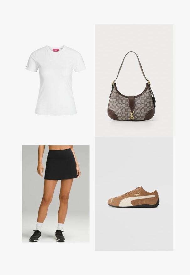 Tricou alb din bumbac, cu mâneci scurte și decolteu rotund. Prezintă o etichetă roz pe gulerul interior. Textură netedă.; Fustă sport neagră cu talie înaltă, realizată din material elastic. Are o textură fină și un tiv evazat. Poartă adidași negri.; Tenis low-top din suede maro cu accente crem, suprafață texturată, talpă din cauciuc negru și logo brodat pe lateral și pe limbă.; COACH HAMPTONS HOBO BAG IN SIGNATURE JACQUARD - Geantă de mână - oak maple