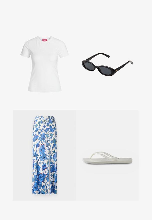 Witte katoenen t-shirt met korte mouwen en een ronde hals. Bevat een roze label aan de binnenkant van de hals. Soepele textuur.; Maxi-jurk van witte stof met een blauw bloemenpatroon. Heeft een zij-openingen en een gladde, lichte textuur.; Witte flip-flops met een gestructureerde zool, featuring dunne bandjes en een vlak ontwerp. Gemaakt van rubber met een subtiel logo op de voetbed.; Zwarte oversized zonnebril met ovale lenzen, een glad plastic montuur en gouden accenten op de pootjes. Donkere lenzen bieden bescherming tegen de zon.