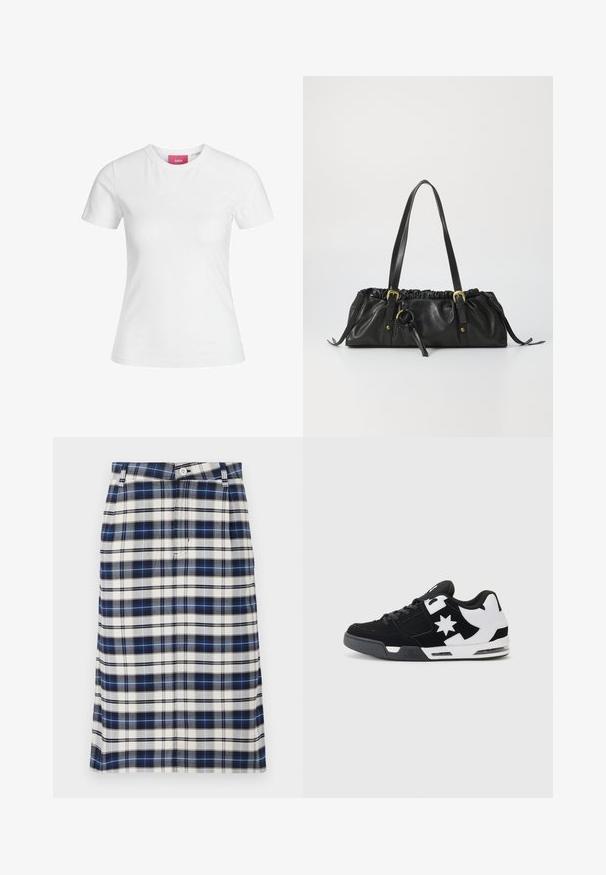 Biela bavlnená tričko s krátkymi rukávmi a okrúhlym výstrihom. Na vnútornej strane goliera sa nachádza ružová nálepka. Hladká textúra.; Károvaná sukňa v námorníckej modrej, bielej a šedej farbe. Má priamy strih, zapínanie na gombíky a jemnú textúru s mriežkovaným vzorom.; Čierne a biele tenisky s semišovými a sieťovanými materiálmi. Majú výrazné logo hviezdy a odvážne akcenty po stranách, s poduškou v podrážke.; Čierna kožená kabelka s zhromaždeným vrchom, dvoma ramennými popruhmi, zlatými kovovými doplnkami a centrálne umiestneným kruhovým akcentom. Hladká textura, kompaktný tvar.