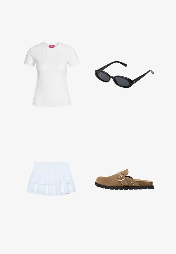 Biela bavlnená tričko s krátkymi rukávmi a okrúhlym výstrihom. Na vnútornej strane goliera sa nachádza ružová nálepka. Hladká textúra.; Biela tiered sukňa vyrobená z vyšívanej bavlny so smockovaným pásom. Obsahuje vrstvené volány a očkové vzory po celom povrchu.; Hnedé semišové šľapky s okrúhlou špičkou, nastaviteľným prackovým popruhom a textúrovanou stielkou. Obsahuje čiernu gumovú podrážku s drážkami.; Čierne oversized slnečné okuliare s oválnymi šošovkami, hladkým plastovým rámom a zlatými akcentmi na straniciach. Tmavé šošovky poskytujú ochranu pred slnkom.