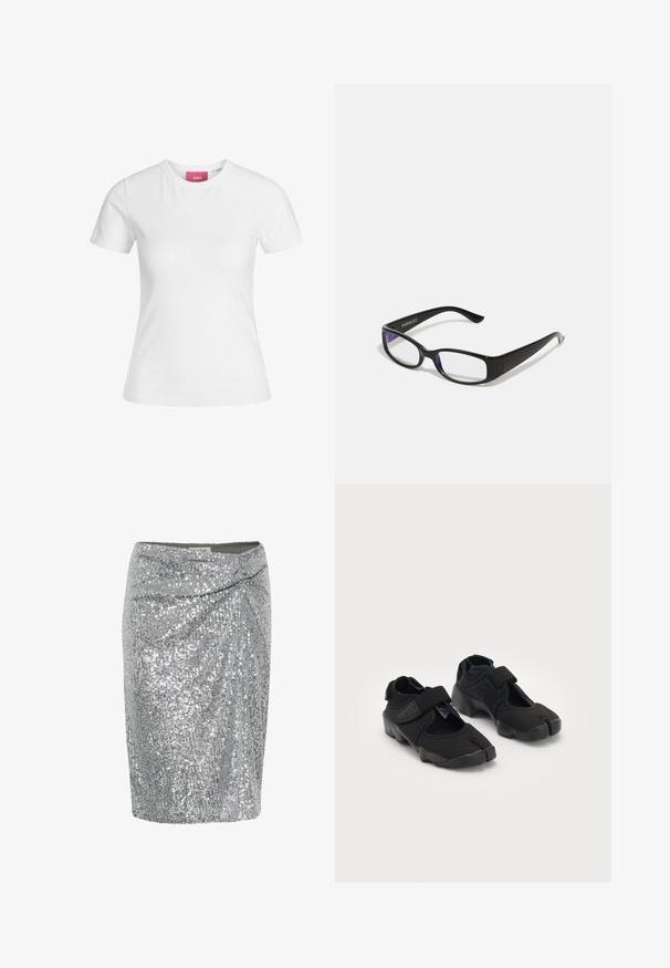 Vit bomull t-shirt med korta ärmar och rund halsringning. Har en rosa etikett på insidan av halsen. Slät textur.; Silvrig paljettminikjol med omslagsdesign, som har en slät yta och en figursydd silhuett. Dekorerad med glittrande paljetter.; Svarta vattenskor gjorda av flexibelt tyg med ett kardborreband, med en unik delad tådesign och strukturérad gummisula för grepp.; Svart rektangulära glasögon med klara glas. Glossy yta, smala bågar och lila nyans synlig vid kanterna av glasen.