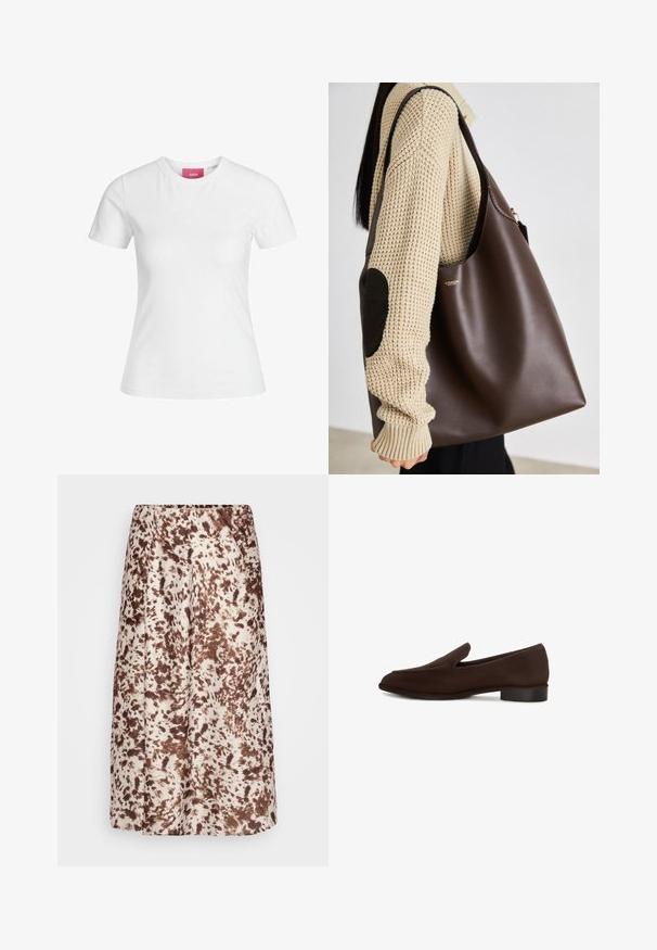 Tricou alb din bumbac, cu mâneci scurte și decolteu rotund. Prezintă o etichetă roz pe gulerul interior. Textură netedă.; Fustă de lungime medie, realizată dintr-un material neted, având o bază crem cu modele de tip stropi în nuanțe de brun. Talie elastică pentru confort.; Pantof de culoare maro, cu textură netedă, formă alungită, toc mic și design minimalist. Fără modele sau embellismente vizibile.; Geantă tote din piele maro cu un design spațios. Prezintă o textură netedă și un logo auriu subtil. Asortată cu un pulover tricotat crem.