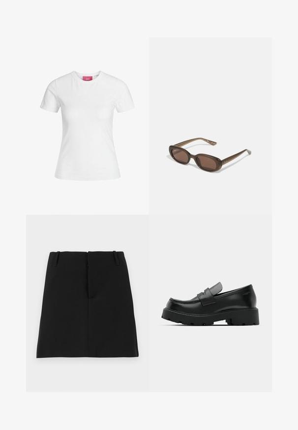 Hvit bomull T-skjorte med korte ermer og rund halslinning. Har et rosa merke på innsiden av halsen. Jevn tekstur.; Svart mini skjørt med en tettsittende design, som har to frontlommer og en rett kant. Laget av glatt stoff uten synlige mønstre.; Sorte skinnloafers med en tykk, teksturert såle, som har en stropp over vamps og en glatt, polert finish.; Brune ovale solbriller med mørke linser. Rammen har et transparent brunt materiale og har et logo trykt på stengene.; Sølv rustfritt stål kvartsur med en svart rektangulær urskive, med analoge visere, digital skjerm og vanntetthetsmerke.