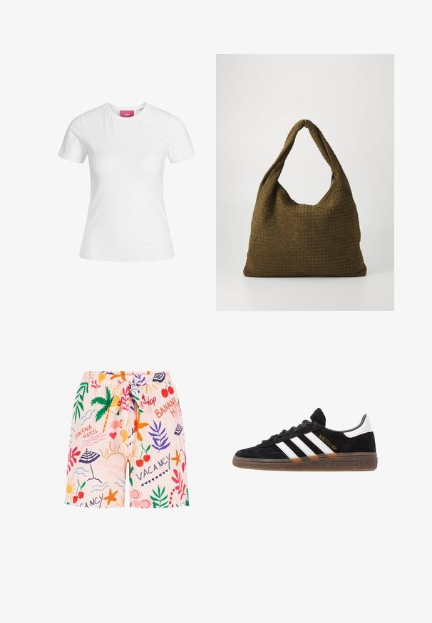 Hvid bomulds t-shirt med korte ærmer og rund halsudskæring. Har et pink mærke på den indvendige hals. Glat tekstur.; Lyserøde svømmebukser med et legende print, der har palmetræer, paraplyer, kirsebær og ferietema-grafik, kombineret med en snøre i taljen.; Sort Adidas sneakers med hvide striber, guld "Spezial" tekst, gummisål og hvid hælflap, vist i profil.; Vævet stofhåndtaske i olivengrøn med en rummelig, rund form og et enkelt, forlænget håndtag til bæring. Struktureret overflade.