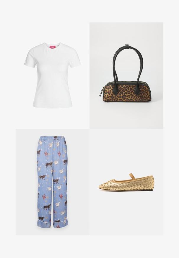 Bela bombažna majica s kratkimi rokavi in okroglim izrezom. Ima roza oznako na notranji strani ovratnika. Gladka struktura.; Modri pižamni hlače s čudnim vzorcem, ki vključuje krave, mitska bitja in nebeške elemente; elastičen pas in široki hlačnice.; Loeffler Randall LEONIE SOFT BALLET FLAT - Balerinke s paščkom - gold; Torba s tiskanjem leoparda z osnovo iz črnega umetnega usnja, dvojni zgornji ročaji, zlati zadrge in okrnjene črne umetne usnjene tablice. Pravokotna oblika.