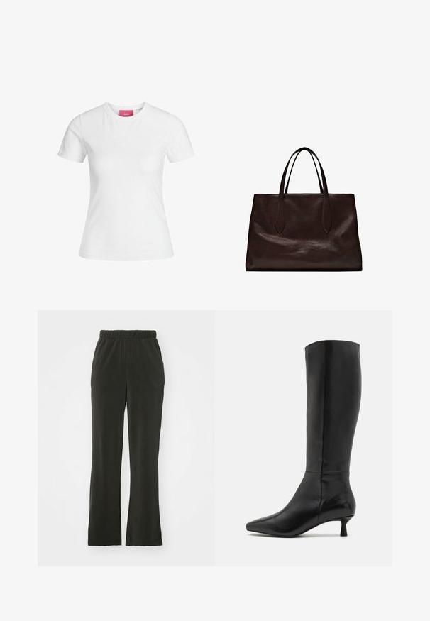 Witte katoenen t-shirt met korte mouwen en een ronde hals. Bevat een roze label aan de binnenkant van de hals. Soepele textuur.; Zwarte, zachte stofbroek met een elastische tailleband, met een ontspannen pasvorm en rechte pijpen. Geen zichtbare patronen of accenten.; Zign Laarzen - black; Massimo Dutti Handtas - brown