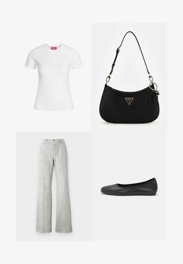 Balta kokvilnas t-krekls ar īsām piedurknēm un apaļu kakla izgriezumu. Iekšējā kakla daļā ir rozā etiķete. Gluda tekstūra.; Gaiši pelēki flared džinsi, izgatavoti no džinsa, ar augstu jostasvietu, piecu kabatu dizainu un gludu apdari ar minimāliem šuvju dekoriem.; Melna ādas baleta kurpe ar noapaļotu purngalu, gludu tekstūru, minimālu šuvju detalizāciju un elastīgu zoles dizainu.; Melnā sintētiskā pleca soma ar izliekta siluetu, struktūras apdari, zelta trīsstūra logotipu un atdalāmiem aksesuāriem.