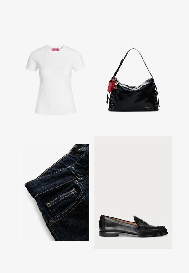 Hvid bomulds t-shirt med korte ærmer og rund halsudskæring. Har et pink mærke på den indvendige hals. Glat tekstur.; Mørkeblue denim jeans med kontrasterende orange syninger, der har en forlomme, nitterdetaljer og en glat tekstur.; Lauren Ralph Lauren WYNNIE - Loafers - black; Sort læder håndtaske med et slaskede design, snøre detaljer på siderne og et rødt accentmærke. Har en lang justerbar rem.