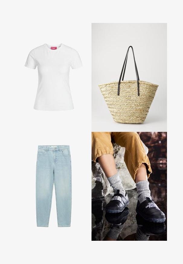 Tricou alb din bumbac, cu mâneci scurte și decolteu rotund. Prezintă o etichetă roz pe gulerul interior. Textură netedă.; Jeans din denim de un albastru deschis, cu croi drept, design cu cinci buzunare, închidere cu buton în față și textură ușor decolorată.; Pantofi slip-on izolați negri, cu talpă texturată și logo alb, purtați împreună cu șosete tricotate gri, asortați cu pantaloni ribbați de culoare muștar.; Geantă de umăr din paie împletit, cu o formă largă și conică, având două mânere din piele neagră. Culoare bej naturală cu o suprafață texturată.