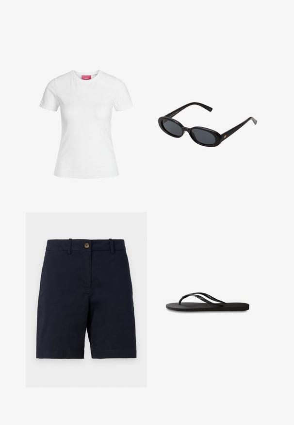 Balta kokvilnas t-krekls ar īsām piedurknēm un apaļu kakla izgriezumu. Iekšējā kakla daļā ir rozā etiķete. Gluda tekstūra.; Zilā nokrāsā kokvilnas šorti ar pogu aizdari, jostas cilpām un taisnu kāju dizainu. Gluda tekstūra bez redzamām rakstzīmēm.; Melni čības ar teksturētu gumijas zoli, divām plānām siksniņām un smalku, iespiedotu logotipa detaļu uz siksniņas.; Melnu pārspīlēto saulesbrilles ar ovālām lēcām, gludu plastmasas rāmja un zelta akcentiem uz tempļiem. Tumšie lēcas nodrošina saules aizsardzību.