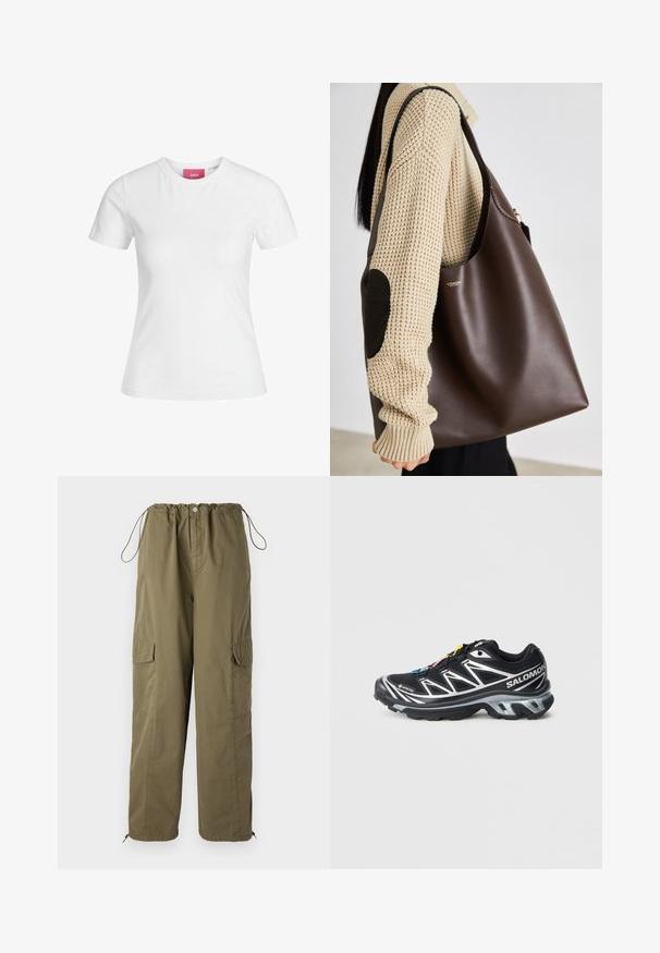Fehér pamut póló rövid ujjakkal és kerek nyakkivágással. Belső nyakán rózsaszín címke található. Simogatós állagú.; Olíva zöld cargo nadrág elasztikus derékpánttal, húzózsinórral és zsebekkel mindkét oldalán; könnyű, texturált anyagból készült.; Fekete futócipő ezüst kiegészítőkkel, GORE-TEX anyagból, struktúrált talppal és színes fűzőkkel. Párnázott sarokkal rendelkezik a támasz érdekében.; Barna bőr táska tágas kialakítással. Simább textúrával és finom arany logóval rendelkezik. Krém színű kötött pulóverrel párosítva.