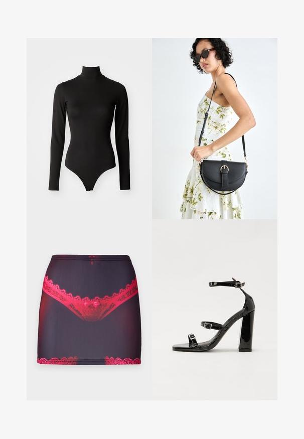 Schwarzer Langarm-Bodysuit mit hohem Kragen, der eine figurbetonte Passform und eine glatte Stofftextur aufweist und in einem Tanga-Stil endet.; Schwarzer Minirock aus Stoff mit rotem Spitze an der Oberseite und am Saum, mit einem grafischen Druck von roter Spitzenunterwäsche auf der Vorderseite.; Schwarze Lackleder-Sandalen mit hohen Absätzen, zwei Riemen mit Schnallen, quadratischer Zehenpartie und klobigem Blockabsatz, mit einer glatten, glänzenden Textur.; Schwarze Lederhandtasche mit geschwungener Form, abnehmbarem Tragegurt und goldenen Beschlägen. Die Tasche verfügt über einen Deckel mit einer Schnallen-Details.