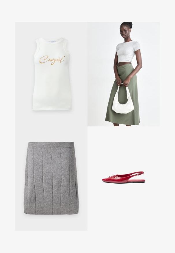 Débardeur blanc à côtes sans manches avec un texte doré en métal indiquant "Cowgirl" sur la poitrine, présenté sur un fond uni.; Object OBJTHESS - Minijupe - medium grey; Chausson plat en cuir rouge avec un bout pointu et un détail de lacets décoratif sur le devant, présentant une fine bride à la cheville et une semelle plate.; Top court rayé gris et jupe taille haute verte olive. Le mannequin tient un sac à bandoulière blanc avec des découpes. Design simple, silhouette ajustée.