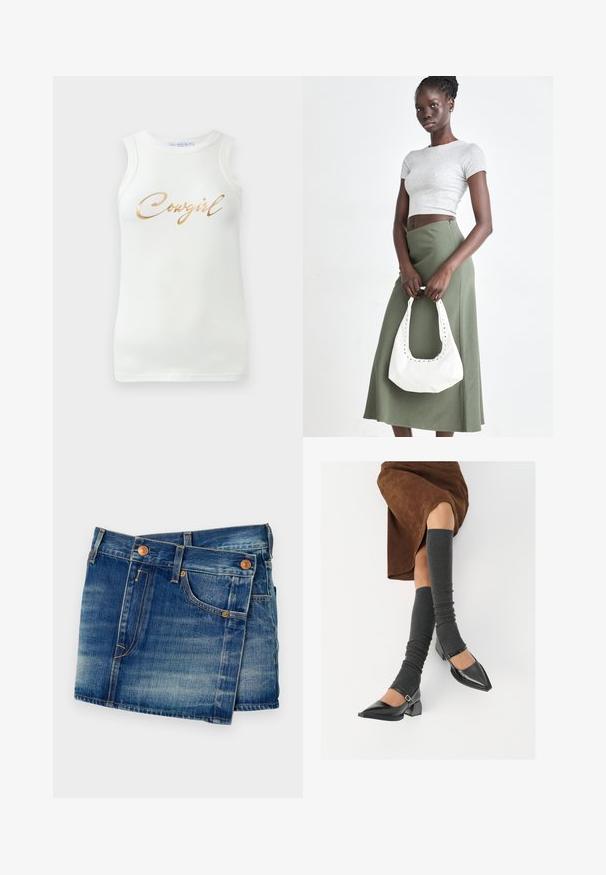 Hvit ermeløs ribbestrikket tank topp med gullmetallisk skrift som sier "Cowgirl" på brystet, vist på en ensfarget bakgrunn.; Dongeribukser i medium blå med en falmet vask, med kobberknapper, fem-lomme design og kontrastsøm detaljer.; Sorte lakkpumps med spiss tå, blokkhel, og ankelstropp, kombinert med grå ribbestrikkede beinvarmere og et brunt semsket skinn skjørt.; Grå ribbet topp og olivengrønn høy midje skjørt. Modellen holder en hvit skulderveske med utskjæringsdetaljer. Enkelt design, tettsittende silhuett.