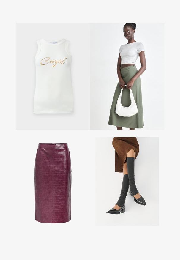 Hvit ermeløs ribbestrikket tank topp med gullmetallisk skrift som sier "Cowgirl" på brystet, vist på en ensfarget bakgrunn.; Burgunderfarget faux lær blyantskjørt med et alligatormønster, med bakre glidelås og sideslisser for bevegelsesfrihet.; Sorte lakkpumps med spiss tå, blokkhel, og ankelstropp, kombinert med grå ribbestrikkede beinvarmere og et brunt semsket skinn skjørt.; Grå ribbet topp og olivengrønn høy midje skjørt. Modellen holder en hvit skulderveske med utskjæringsdetaljer. Enkelt design, tettsittende silhuett.