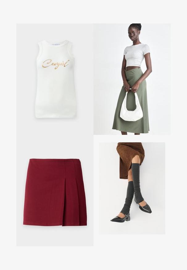 Valge ilma varrukateta ribane tank top, millel on kuldne metalliline kiri "Cowgirl" rinna peal, esitletud ühetoonilisel taustal.; Burgundia värvi korter pleated seelik, millel on sile tekstuur, sobiv vöökoht ja külgvaheline lukustus. Lihtne, minimalistlik disain ilma mustriteta.; Mustad patsaline odav värviga kingad, millel on kreen ja pahkluuring, on paaritatud hallide ribakudumitega sääremiidega ja pruunist nahast seelikuga.; Hallid hall pitsakene ja oliiviroheline kõrge vöökohtadega seelik. Mudel hoiab käes valget õlakotit, millel on lõikega detailid. Lihtne disain, vormiline siluett.