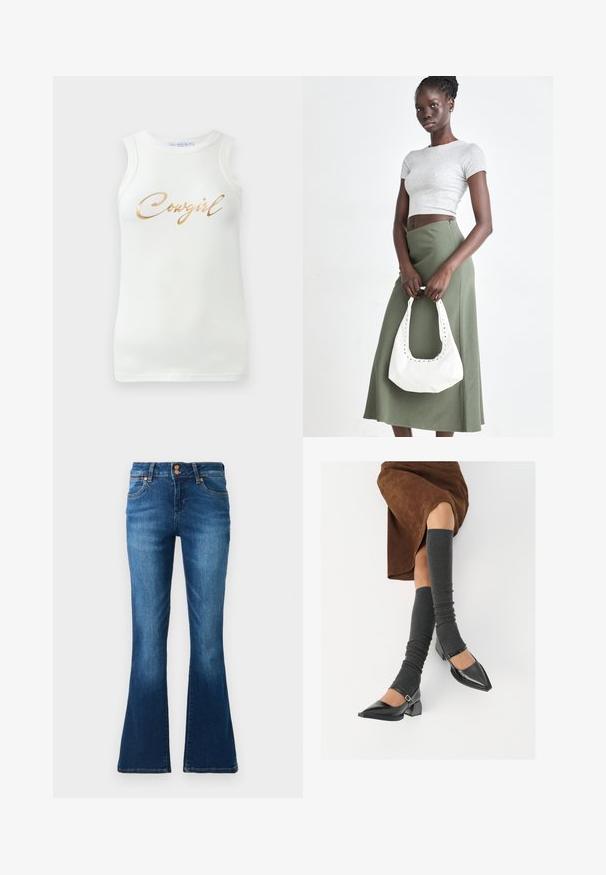 White sleeveless ribbed tank top with gold metallic script reading "Cowgirl" across the chest, displayed on a plain background.; High-waisted blue denim jeans with a slight flare at the ankles, featuring two front pockets and copper button closures.; Black patent leather pointed-toe shoes with a block heel and ankle strap, paired with gray ribbed leg warmers and a brown suede skirt.; Gray ribbed crop top and olive green high-waisted skirt. Model holds a white shoulder bag with cut-out detailing. Simple design, fitted silhouette.