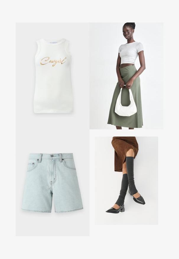 Balta bebraukta liemenė su auksine metaline užrašu "Cowgirl" per krūtinę, pateikta ant vientisos fono.; Šviesiai mėlynos džinsinės šortai su aukštu liemeniu, turintys dvi priekinės kišenes, mygtuko užsegimą ir šonines siūles.; Juodi lakuoti odiniai batai su aštriu kuma ir bloko kulnu, derinami su pilkais riebiais kojų šildytuvais ir rudais zomšiniais sijonais.; Pilka juostuota trumpa palaidinė ir alyvuogių žalios spalvos aukšto liemens sijonas. Modelis laiko baltą petį krepšį su išpjovomis. Paprastas dizainas, prigludusi siluetas.