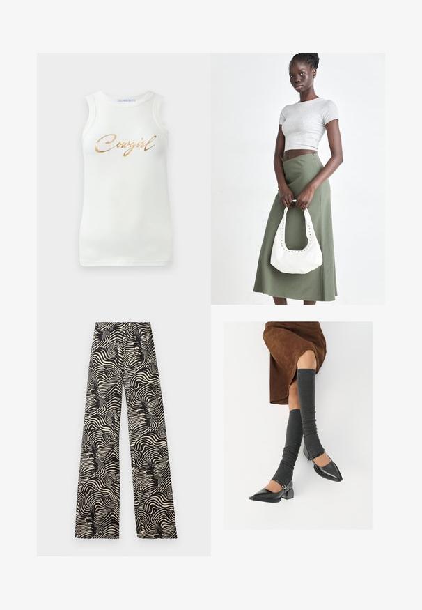 Hvid ærmeløs ribbet top med guldmetallic skrift, der står "Cowgirl" på tværs af brystet, præsenteret på en ensfarvet baggrund.; Videbenede bukser i et monokromt svirle mønster. Materialet ser letvægtigt ud med en tekstureret overflade; har en høj, elastisk talje.; Sorte patenterede lædersko med spids tå, blokhæl og ankelrem, kombineret med grå ribbede benvarmere og en brun ruskinds nederdel.; Grå ribbet crop top og olivengrøn højhøjdet nederdel. Modellen holder en hvid skuldertaske med udskæringsdetaljer. Enkel design, tætsiddende silhuet.