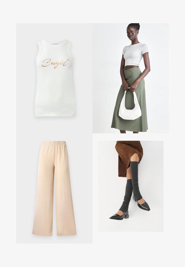 Biela bezrukávová rebrovaná tielko so zlatým metalickým nápisom "Cowgirl" cez hruď, vystavená na jednoduchom pozadí.; Široké nohavice v svetlej béžovej farbe, s textúrovanou tkaninou a elastickým pásom pre pohodlie. Bez vreciek a viditeľných zapínaní.; Čierne lakované kožené topánky s špicatou špičkou, blokovým podpätkom a členkovým remienkom, ktoré sú kombinované so šedými rebrovanými legínami a hnedou zamšovou sukňou.; Sivý pruhovaný crop top a olivovo zelená sukňa s vysokým pásom. Model drží bielu ramennú tašku s vyrezávanými detailmi. Jednoduchý dizajn, priliehavý strih.