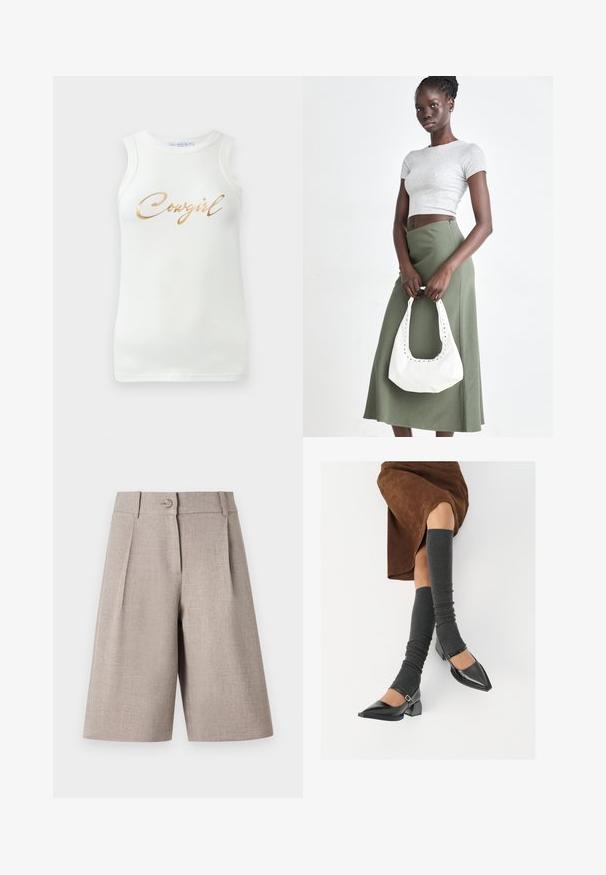 Hvid ærmeløs ribbet top med guldmetallic skrift, der står "Cowgirl" på tværs af brystet, præsenteret på en ensfarvet baggrund.; Beige skræddersyede shorts med læg, med knaplukning og glat tekstur, designet til en struktureret, moderne silhuet.; Sorte patenterede lædersko med spids tå, blokhæl og ankelrem, kombineret med grå ribbede benvarmere og en brun ruskinds nederdel.; Grå ribbet crop top og olivengrøn højhøjdet nederdel. Modellen holder en hvid skuldertaske med udskæringsdetaljer. Enkel design, tætsiddende silhuet.