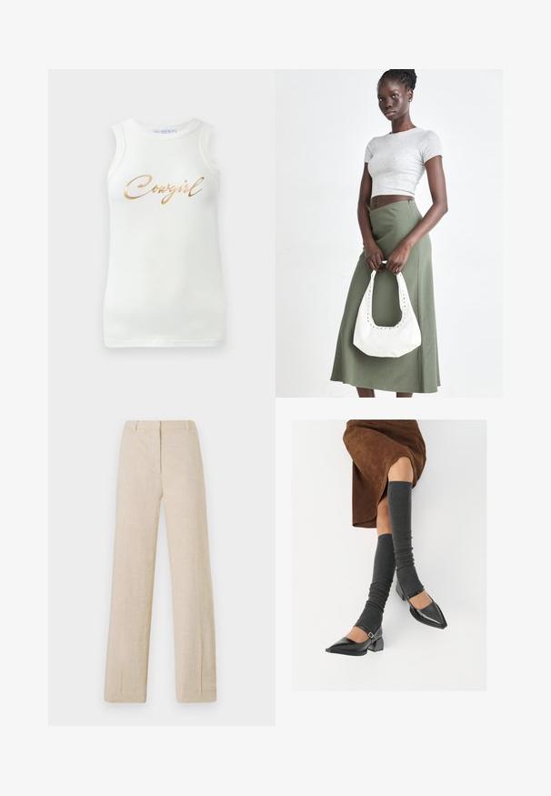 Valge ilma varrukateta ribane tank top, millel on kuldne metalliline kiri "Cowgirl" rinna peal, esitletud ühetoonilisel taustal.; Beesidised linased sirged püksid, millel on sile tekstuur, ees luku tõmblukk, vöökoharihmad ja pressitud voldid, et saavutada kohandatud välimus.; Mustad patsaline odav värviga kingad, millel on kreen ja pahkluuring, on paaritatud hallide ribakudumitega sääremiidega ja pruunist nahast seelikuga.; Hallid hall pitsakene ja oliiviroheline kõrge vöökohtadega seelik. Mudel hoiab käes valget õlakotit, millel on lõikega detailid. Lihtne disain, vormiline siluett.