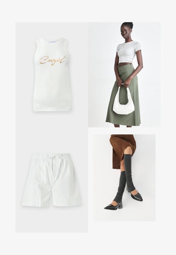 Biała bezrękawnikowa bluzka o prążkowanej strukturze z złotym metalicznym napisem "Cowgirl" na piersi, wyeksponowana na jednolitym tle.; Męskie szorty wykonane z lekkiego materiału, z pionowymi paskami w jasnym niebieskim i białym kolorze, z elastycznym pasem i sznurkiem do regulacji.; Czarne lakierowane buty na szpilce z prostokątnym obcasem i paskiem na kostce, zestawione z szarymi prążkowanymi ocieplaczami na nogi oraz brązową zamszową spódnicą.; Szary prążkowany crop top i oliwkowa spódnica o wysokim stanie. Modelka trzyma białą torebkę na ramię z wycięciami. Prosty design, dopasowany krój.