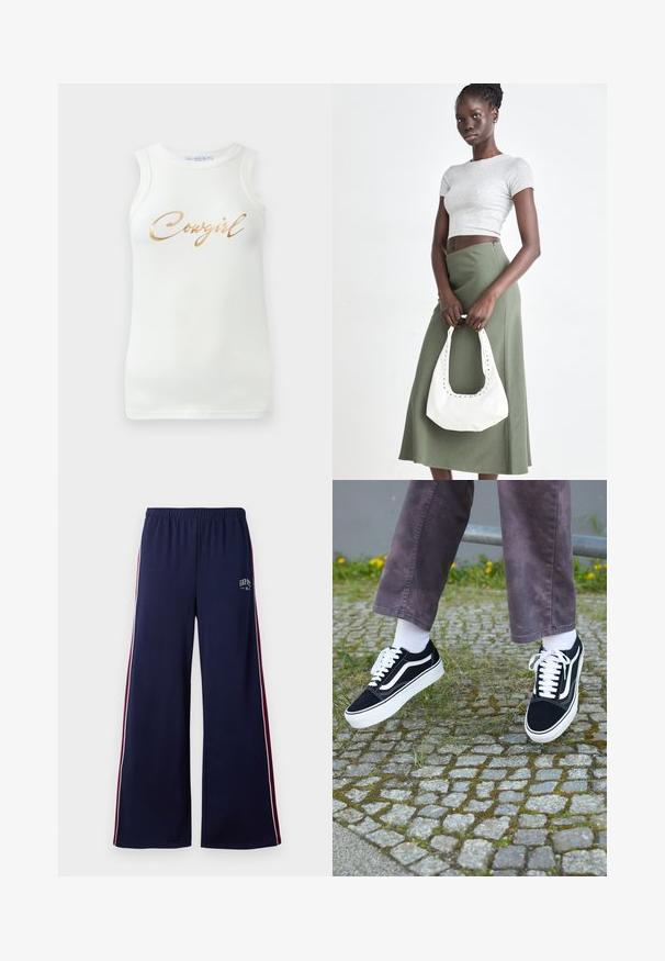 Balta bez piedurknēm ribota krekla augša ar zelta metālisku uzrakstu "Cowgirl" uz krūšu daļas, attēlota uz vienkārša fona.; Tumši zili plata kāja svārki ar elastīgu jostu, baltām un bordo sānu svītrām, kā arī nelielu GAP NYC logo kreisajā augšstilbā.; Melni zamšādas sporta apavi ar baltiem akcentiem, ar apaļu purngalu, biezu baltu zoli un klasisku šņorēšanas dizainu, uzvilkti ar baltām zeķēm un violetām biksēm.; Pelēks ribots īsais tops un olīvzaļš augstās vidukļa svārki. Modelis tur baltu plecu somu ar izgriezumiem. Vienkāršs dizains, pieguloša silueta.