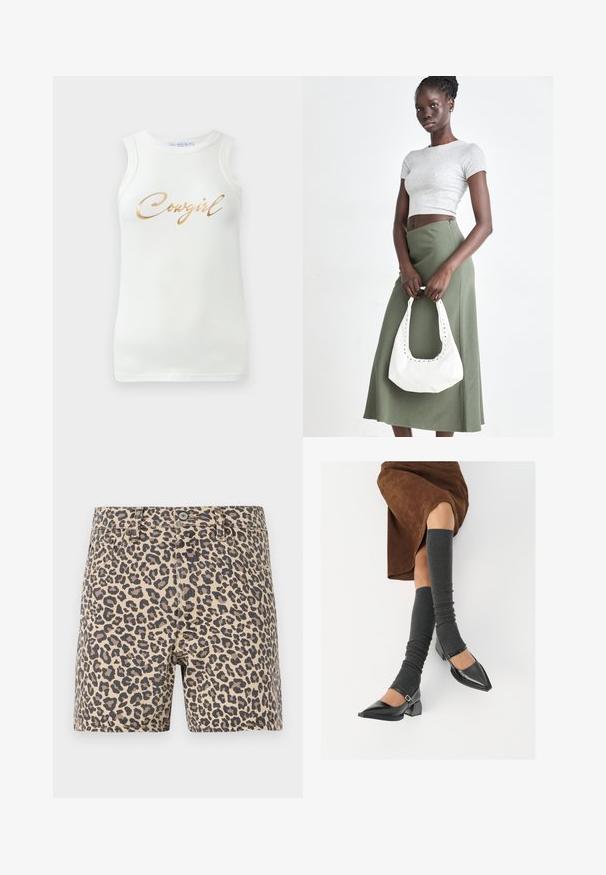 Débardeur blanc à côtes sans manches avec un texte doré en métal indiquant "Cowgirl" sur la poitrine, présenté sur un fond uni.; Shorts en jean à imprimé léopard beige et noir. Design classique à cinq poches avec fermeture à bouton et passants de ceinture. Texture lisse.; Chaussures à bout pointu en cuir verni noir avec un talon bloc et une bride à la cheville, accompagnées de jambières en maille grise et d'une jupe en daim marron.; Top court rayé gris et jupe taille haute verte olive. Le mannequin tient un sac à bandoulière blanc avec des découpes. Design simple, silhouette ajustée.