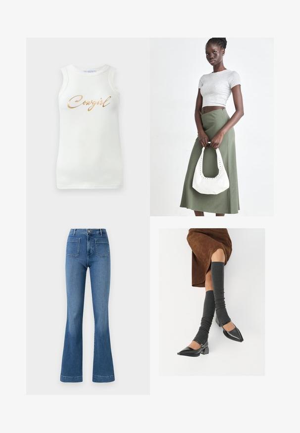 Balta bebraukta liemenė su auksine metaline užrašu "Cowgirl" per krūtinę, pateikta ant vientisos fono.; Mėlynos plačios džinsinės kelnės, pagamintos iš džinsinio audinio, su vidutinio aukščio juosmeniu, turinčios dvi užpakalines kišenes ir švarų kraštą. Lygus paviršius ir klasikinis dizainas.; Juodi lakuoti odiniai batai su aštriu kuma ir bloko kulnu, derinami su pilkais riebiais kojų šildytuvais ir rudais zomšiniais sijonais.; Pilka juostuota trumpa palaidinė ir alyvuogių žalios spalvos aukšto liemens sijonas. Modelis laiko baltą petį krepšį su išpjovomis. Paprastas dizainas, prigludusi siluetas.