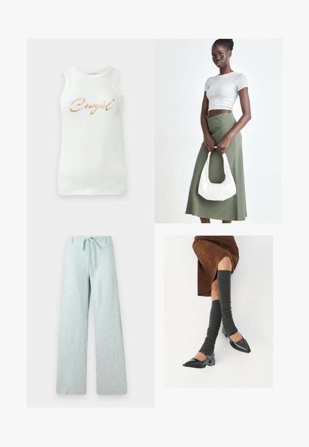 Balta bez piedurknēm ribota krekla augša ar zelta metālisku uzrakstu "Cowgirl" uz krūšu daļas, attēlota uz vienkārša fona.; Gaiši zaļas platās kājas bikses, izgatavotas no teksturēta auduma. Aprīkotas ar velkamo jostu un pogu aizdari, ar vertikālām svītrām visā garumā.; Melnas laka ādas apavi ar norādītu purngalu, blokveida papēdi un potīšu jostu, saskaņoti ar pelēkām ribotām kāju sildītājām un brūnu zamšādas svārku.; Pelēks ribots īsais tops un olīvzaļš augstās vidukļa svārki. Modelis tur baltu plecu somu ar izgriezumiem. Vienkāršs dizains, pieguloša silueta.