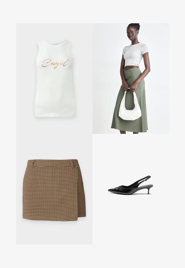 Top in tessuto a coste bianco senza maniche con scritta metallica dorata che dice "Cowgirl" sul petto, esposto su uno sfondo neutro.; Mini gonna a motivo houndstooth marrone e beige con un leggero dettaglio avvolgente e passanti per cintura su uno sfondo bianco.; Tacchi slingback in pelle nera con punta affusolata, piccolo tacco kitten e un dettaglio a nodo decorativo sulla parte anteriore. Texture liscia su tutta la superficie.; Top crop a coste grigio e gonna a vita alta verde oliva. Il modello tiene una borsa a spalla bianca con dettagli intagliati. Design semplice, silhouette aderente.